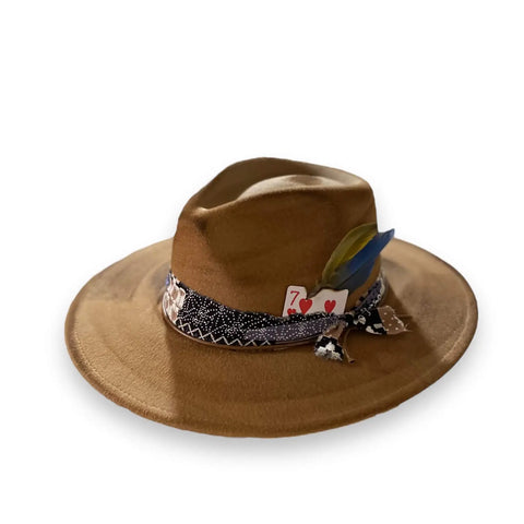 Brown Burnt Gambler Fedora Hat with teardrop crown, bandana wrap, feathers, rope, and boho western trim