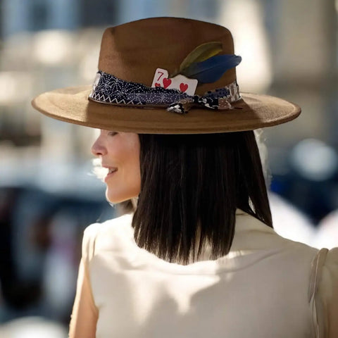 Brown Burnt Gambler Fedora Hat with teardrop crown, bandana wrap, feathers, rope, and boho western trim