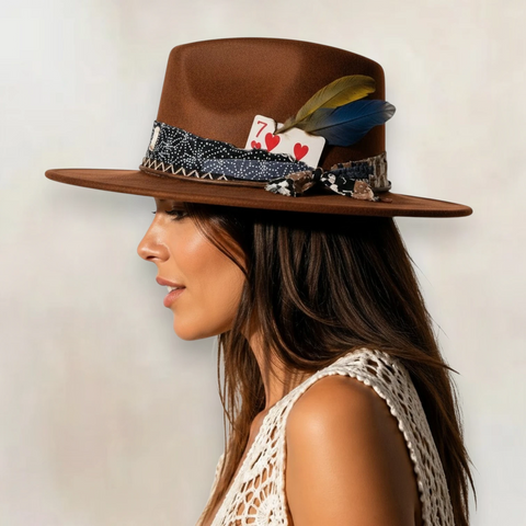 Woman wearing Stylish Brown Burnt Wild West Fedora Hat with wide brim and bandana feather trim / one size/ unisex 