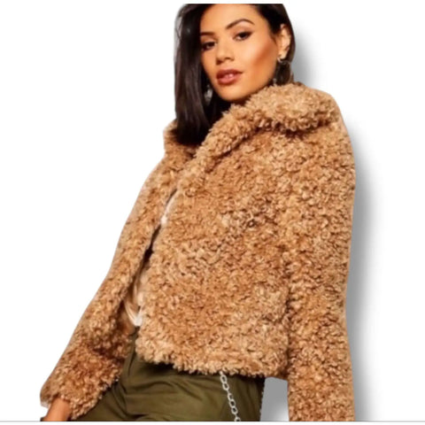 Brown sherpa faux fur jacket cropped fit side pocket view