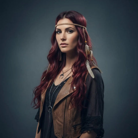 Festival feather headband with braided faux leather ties, wood beads and long flowing feather accents/brown feathers
