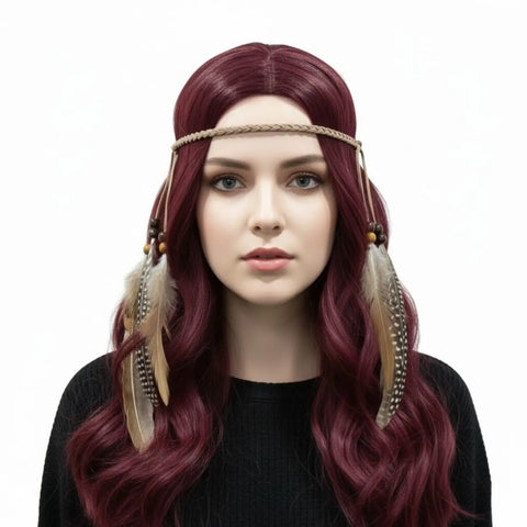 Festival feather headband with braided faux leather ties, wood beads and long flowing feather accents/brown feathers