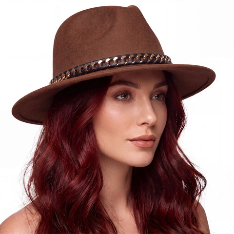 Wide brim fedora hat with tall dented crown, removable gold-link chain and black lace ribbon detail / dark brown / medium
