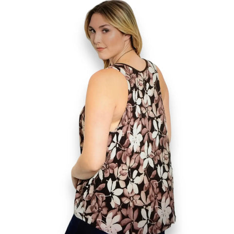 Brown floral A-line tank top in plus size with mauve and ivory flower print, sleeveless design, round neckline, made in the USA – boho summer fashion