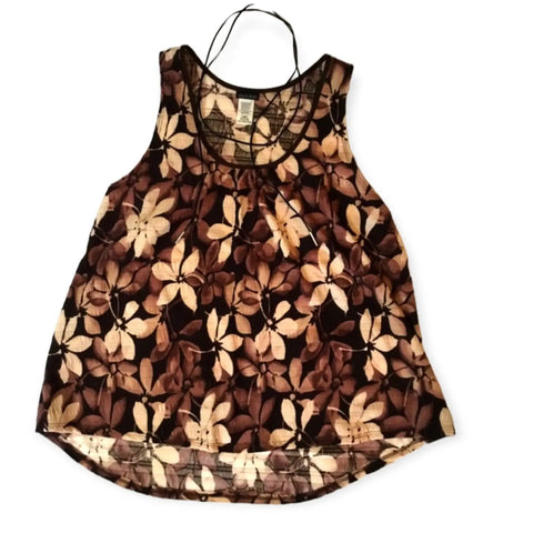Brown floral A-line tank top in plus size with mauve and ivory flower print, sleeveless design, round neckline, made in the USA – boho summer fashion

