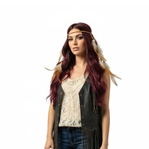 Festival feather headband with braided faux leather ties, wood beads and long flowing feather accents/ fluffy cream brown 