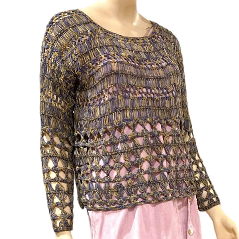 Brown Granny Square Crochet Top with long sleeves and semi sheer diamond stitch boho knitwear style