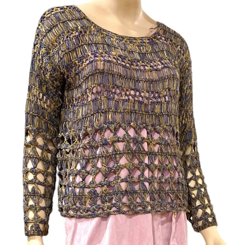 Brown Granny Square Crochet Top with long sleeves and semi sheer diamond stitch boho knitwear style