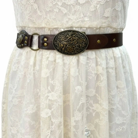 Western medallion link buckle belt in brown or black with antique-gold floral hardware and O-ring details