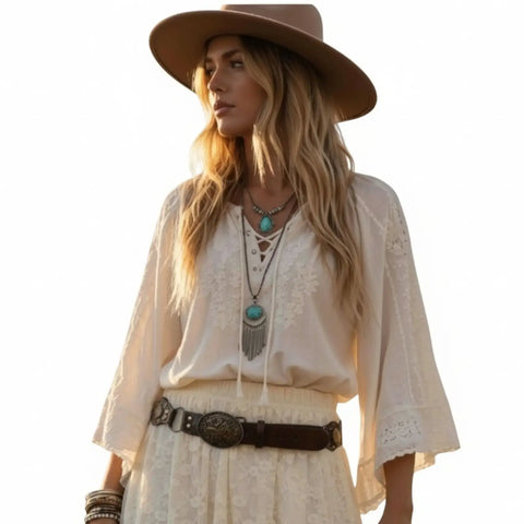 Western medallion link buckle belt in brown or black with antique-gold floral hardware and O-ring details