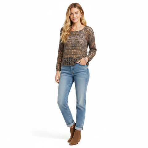 Woman wearing with jeans and boots the Brown Open Knit Crochet Long Sleeve Top/women's/medium/brown blue