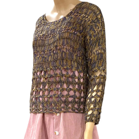 Brown Open Knit Crochet Long Sleeve Top/women's/medium/brown blue