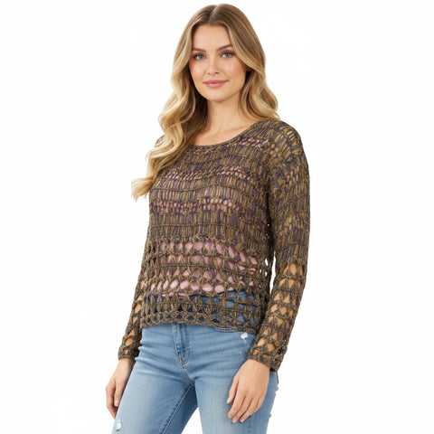 woman wearing w/ pink top and jeans Brown Open Knit Crochet Long Sleeve Top/women's/medium/brown blue