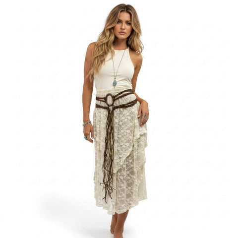 Witches Knotted Waist Wrap Belt in Brown Copper styled on a model over a cream lace maxi dress, showing the full-length multi-strand draping.