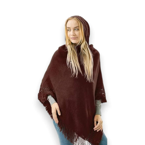 Brown Hooded Tassel Poncho Sweaters