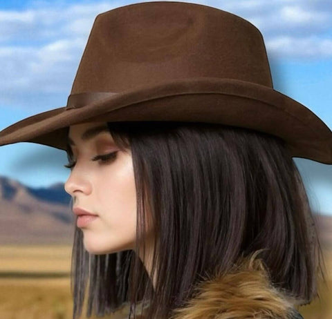 Western Wide Brim Suede Cowboy Hat brown pinched crown, curled sides, and removable brown leather fringe band