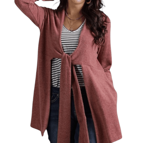 Soft Brown Cardigan with Bow Tie Sash
