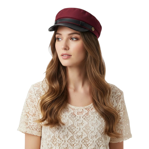 model wearing Two Tone Cotton Flat Top Fisherman Cap black faux leather curved brim, and gold button band burgundy / one size
