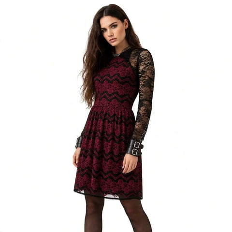 Burgundy Lace Sleeveless Fit Flare Party Dress with black chevron accents and floral lace A-line lined wearing w/ bolero shrug & jewelry