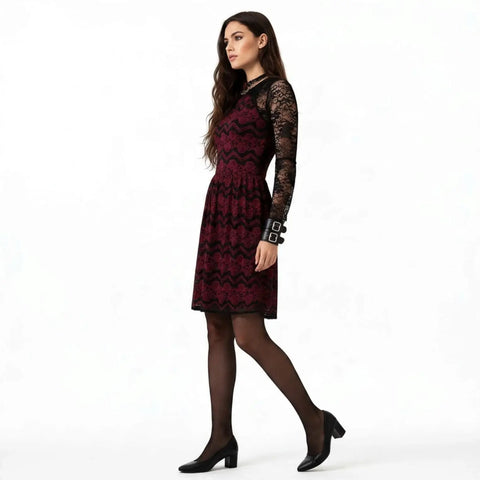 Burgundy Lace Sleeveless Fit Flare Party Dress with black chevron accents and floral lace A-line lined wearing w/ bolero shrug & jewelry side view