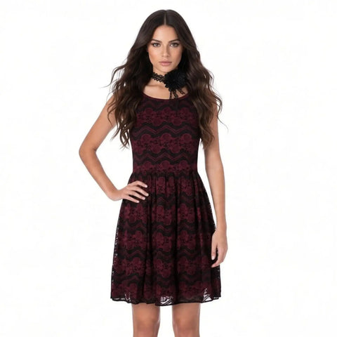 Burgundy Lace Sleeveless Fit Flare Party Dress with black chevron accents and floral lace A-line lined dress front view