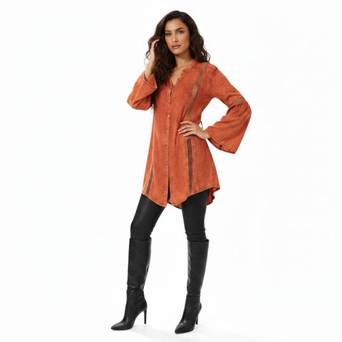 woman wearing with black pants & boots  Burnt Orange Boho Tunic Top with crochet panels, button-up V-neckline, flare sleeves, and back tie medium
