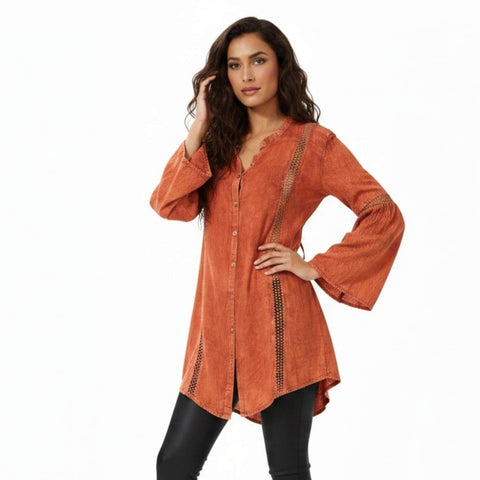 woman wearing with black pants Burnt Orange Boho Tunic Top with crochet panels, button-up V-neckline, flare sleeves, and back tie medium