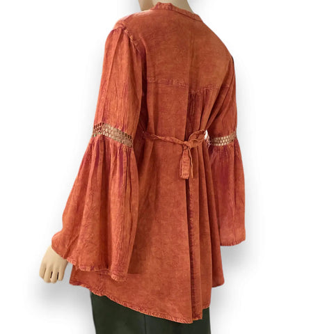 Burnt Orange Boho Tunic Top with crochet panels, button-up V-neckline, flare sleeves, and back tie medium