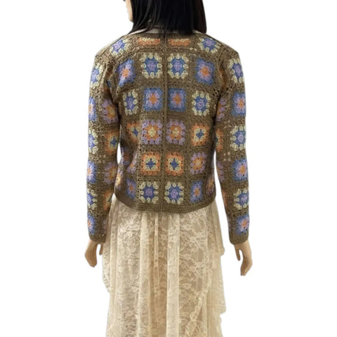 button down granny stitch crochet knitted cardigan tan base with multicolor floral granny squares v neck long sleeve lightweight boho y2k sweater