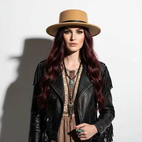 Retro jazz flat top fedora hat with short stiff brim, structured crown camel tan/ s/m