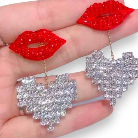 Candy Red Lips Hanging Crystal Heart Earrings
