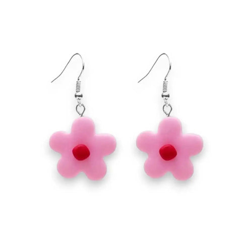 Colorful cartoon daisy drop earrings with acrylic flower charms and silver-tone fish hook  pink & red
