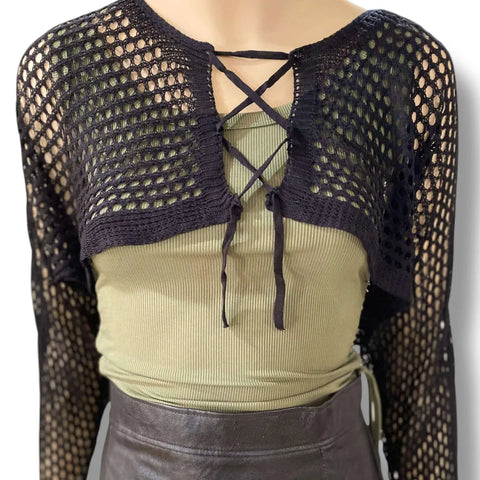 Casual Long Sleeve Hollow Out Knit Crop Cardigan