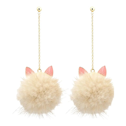 Ivory Cat Ear Fur Ball Dangle Earrings with mink pom poms, enamel ears,gold chain one size