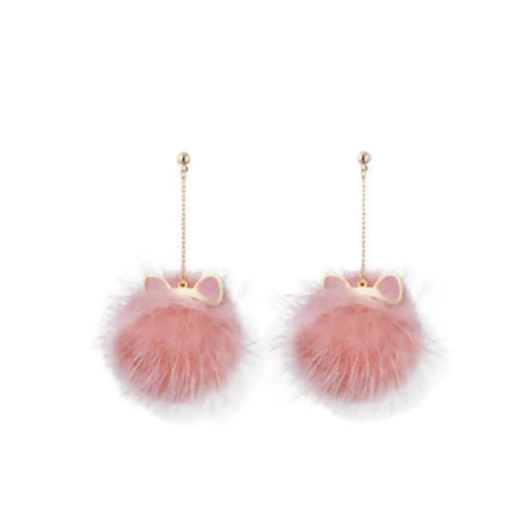 Pink Cat Ear Fur Ball Dangle Earrings with mink pom poms, enamel ears,gold chain one size