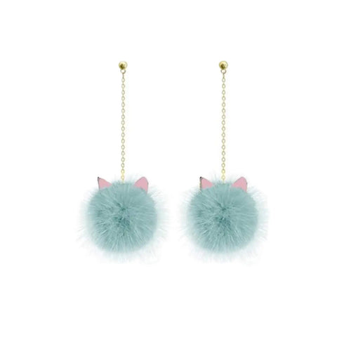 Blue Teal Cat Ear Fur Ball Dangle Earrings with mink pom poms, enamel ears,gold chain one size