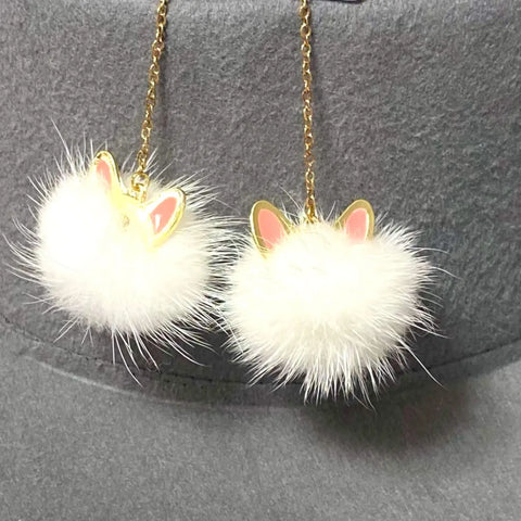 White Cat Ear Fur Ball Dangle Earrings with mink pom poms, enamel ears,gold chain one size