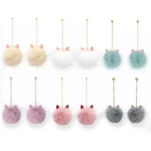 Fur Pom Pom Cat Ear Dangle Earrings