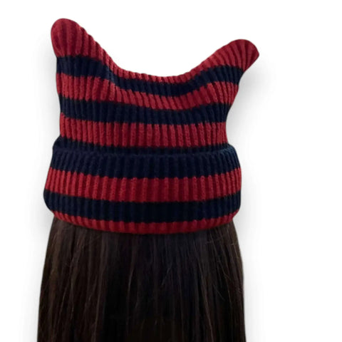 Cat Ears Striped Knitted Beanies wide cuff 