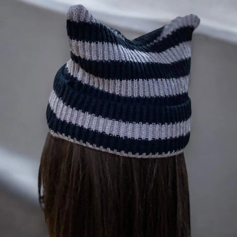 Cat Ears Striped Knitted Beanies wide cuff 