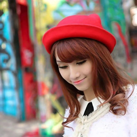 Cat Ears and Kawaii Bowler Hat in red, pink, tan, and blue great alternative headwear  kawaii to coquette style 