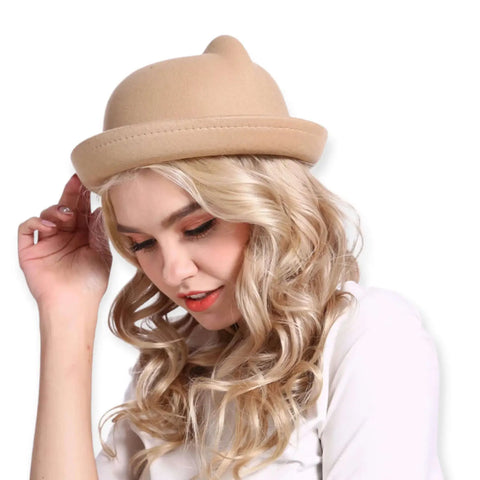 Cat Ears and Kawaii Bowler Hat in red, pink, tan, and blue great alternative headwear  kawaii to coquette style 