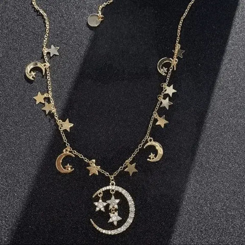 Gold Glittery Celestial Stars and Moons Charming Necklace - Wild Time Fashion