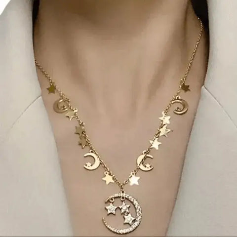 Women's Gold Glittery Celestial Stars and Moons Charming Necklace