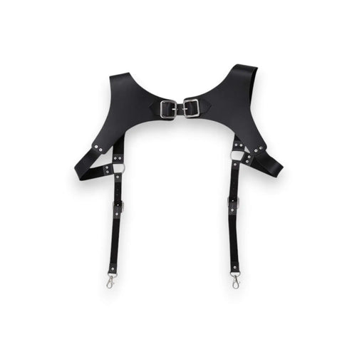 gothic punk chest harness with adjustable shoulder loops white background