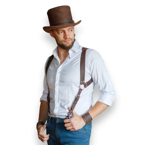 Brown faux leather chest harness suspenders with metal trigger clips, adjustable straps, and gothic punk festival style for men and women.
