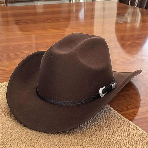 Brown wide brim cowboy hat with black belt and silver buckle – vintage unisex western style for outdoor wear