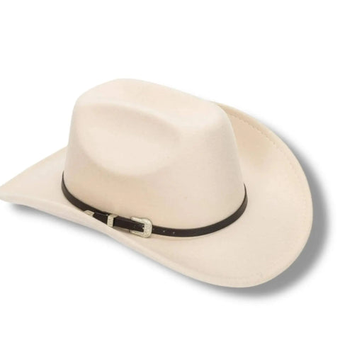 Side view of beige cowboy hat with curved brim and buckle band – classic western fashion for men and women