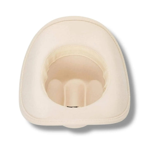 underneath of beige brim curled brim cowboy hat with liner and adjustable inner drawstring 
