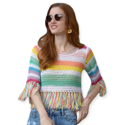 Colorful crochet striped tassel trim crop top with rainbow stripes and fringe detail, boho Y2K festival fashion
